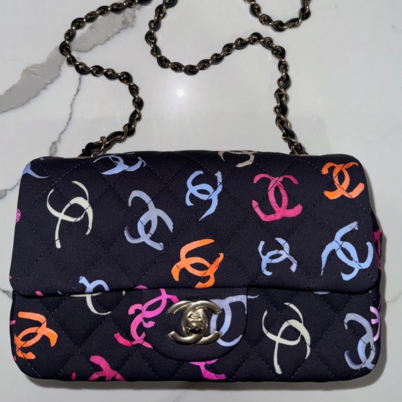 Chanel 24S Navy Blue Printed Logo Mini Flap Rectangle CC Shoulder Crossbody Bag - Picture 1 of 16